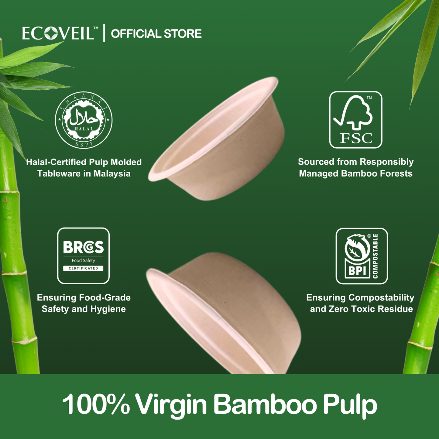 ECOVEIL Biodegradable Bamboo Fiber Paper Bowl 350ml/500ml 10pcs