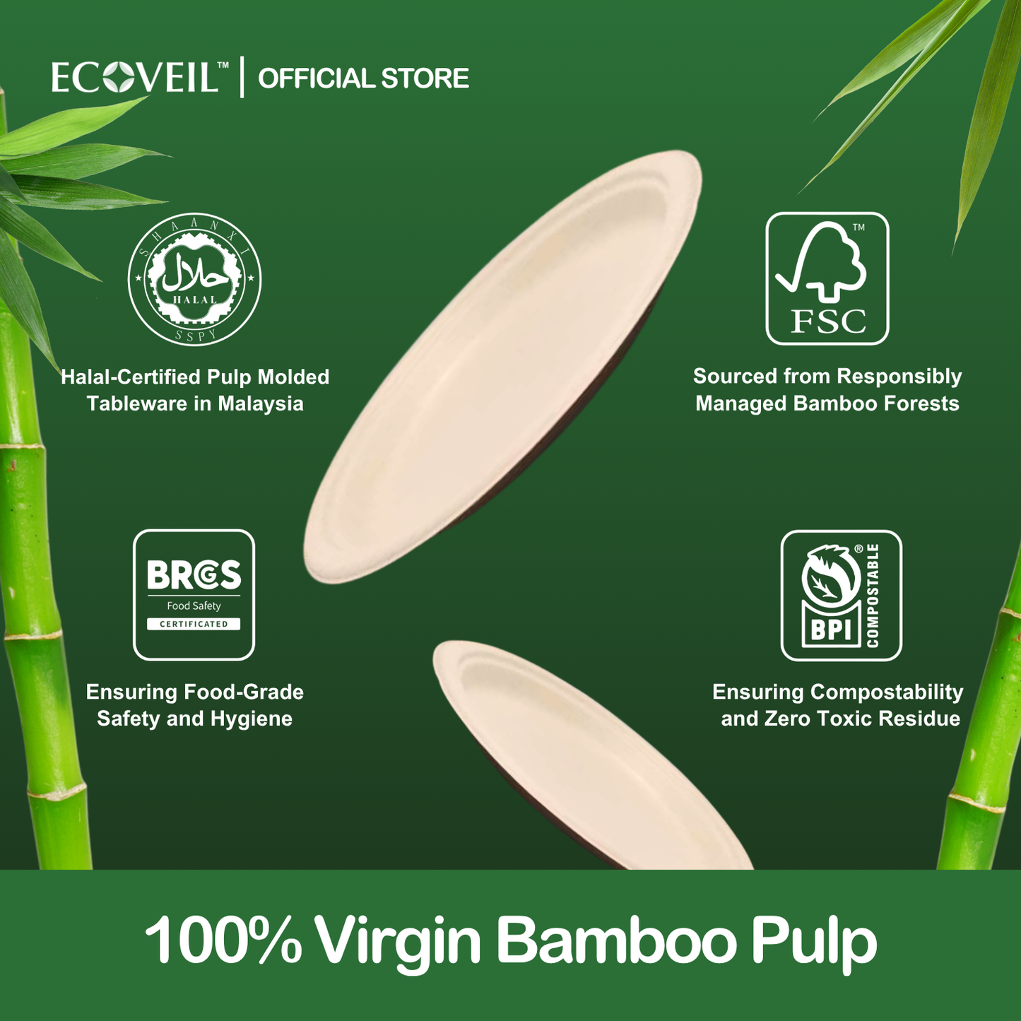 ECOVEIL Biodegradable Bamboo Fiber Paper Plate 6-inch/ 8-inch 10pcs