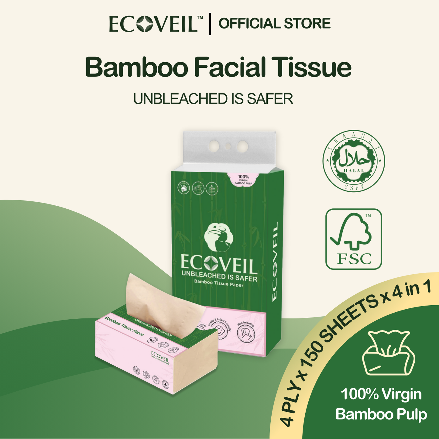 ECOVEIL Unbleached Bamboo Tissue Paper 3-Ply (4x150s)