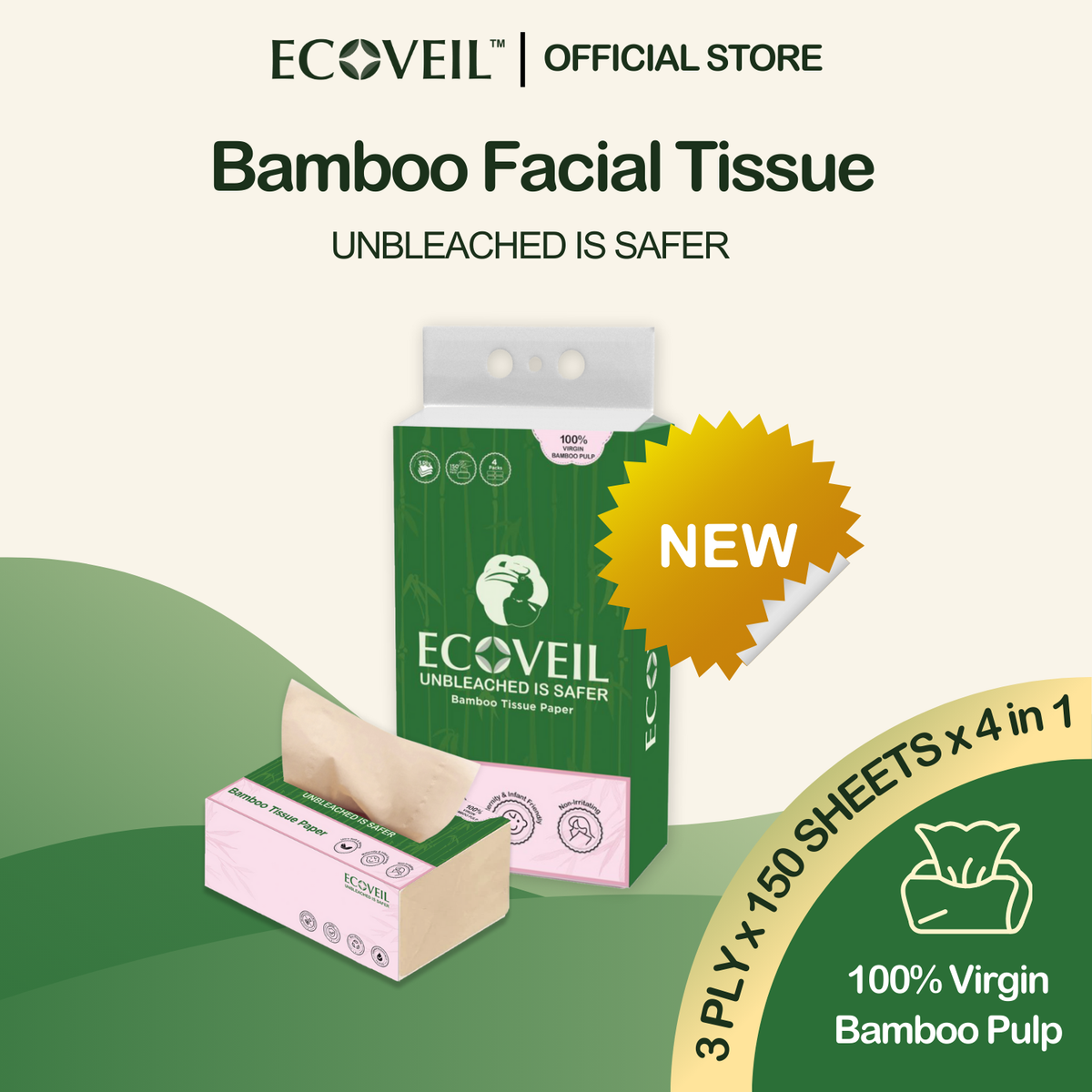 [New Launch] ECOVEIL Unbleached Bamboo Tissue Paper 3-Ply (4x150s)