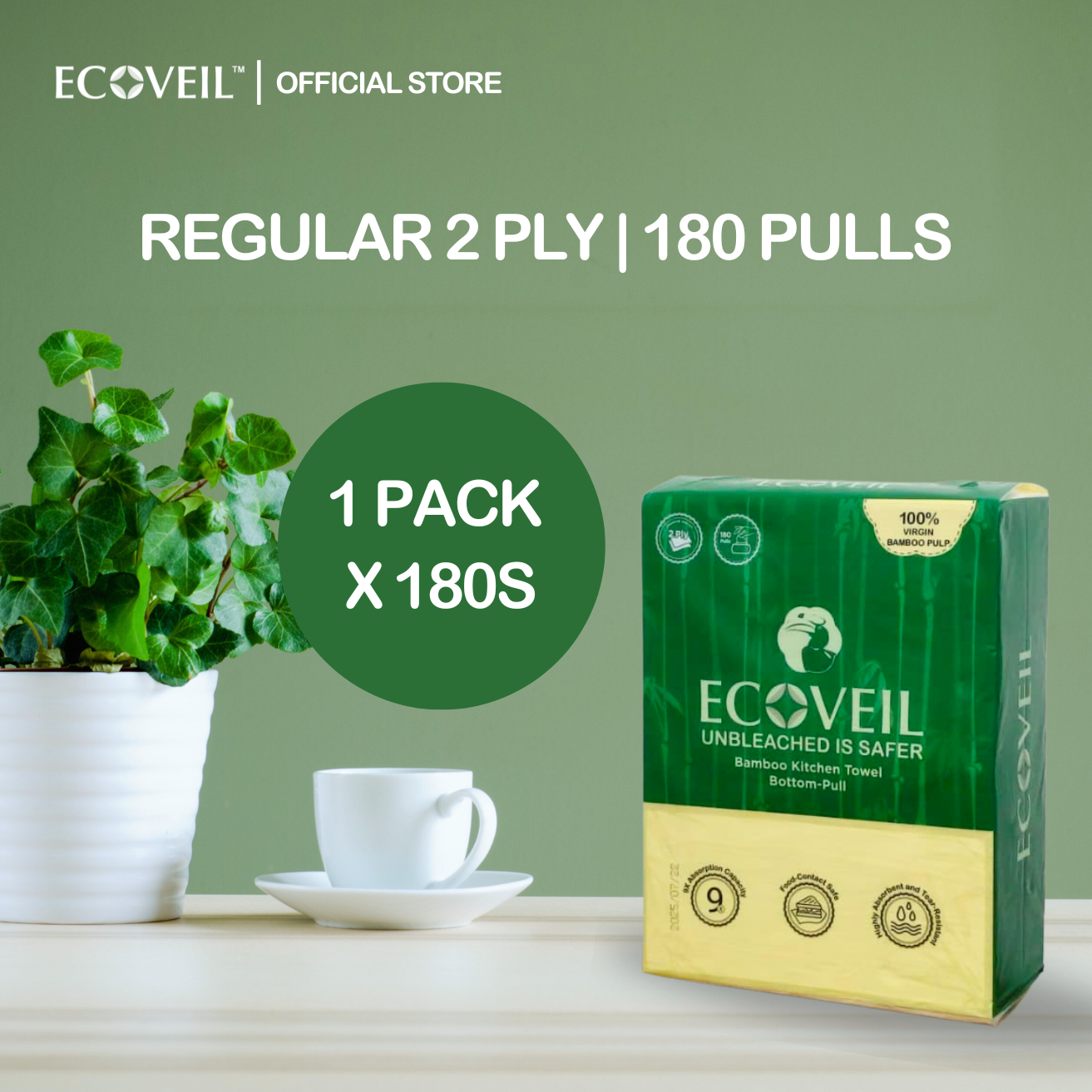 ECOVEIL Unbleached Bamboo Kitchen Towel Bottom-Pull 2-Ply 180s