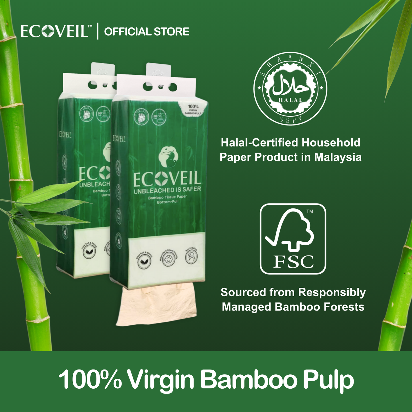 ECOVEIL Unbleached Bamboo Tissue Paper Bottom-Pull 4-Ply 320s