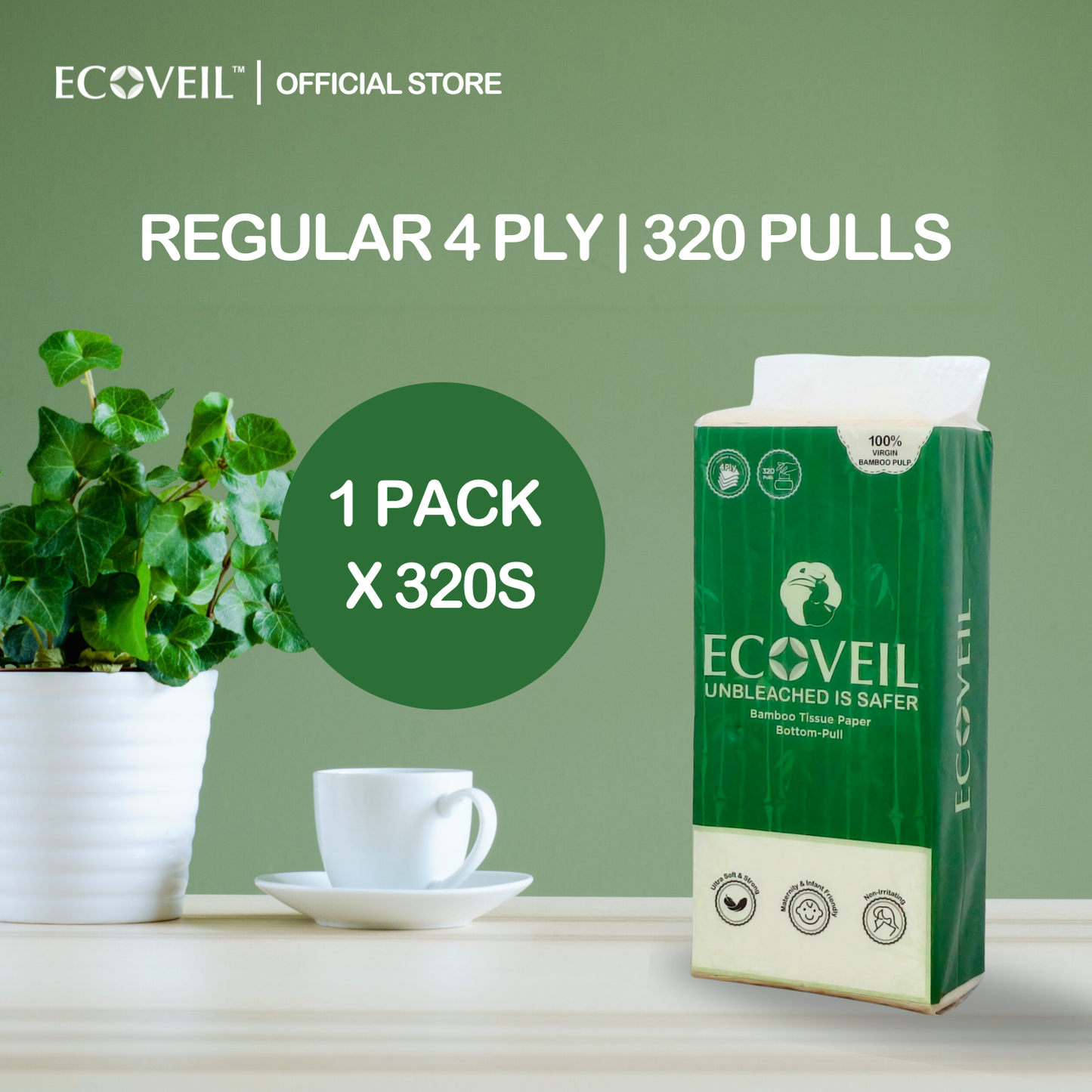 ECOVEIL Unbleached Bamboo Tissue Paper Bottom-Pull 4-Ply 320s