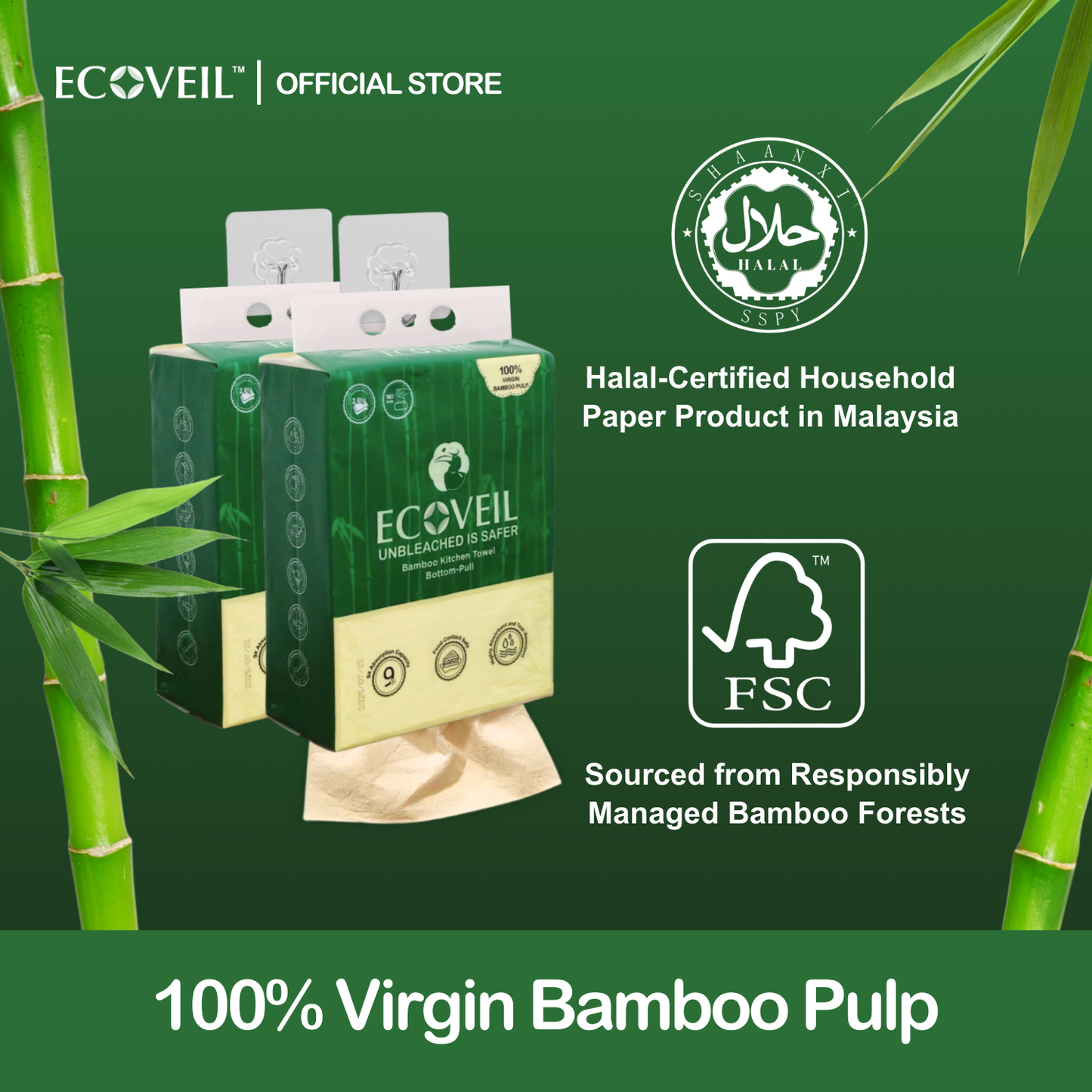 ECOVEIL Unbleached Bamboo Kitchen Towel Bottom-Pull 2-Ply 180s