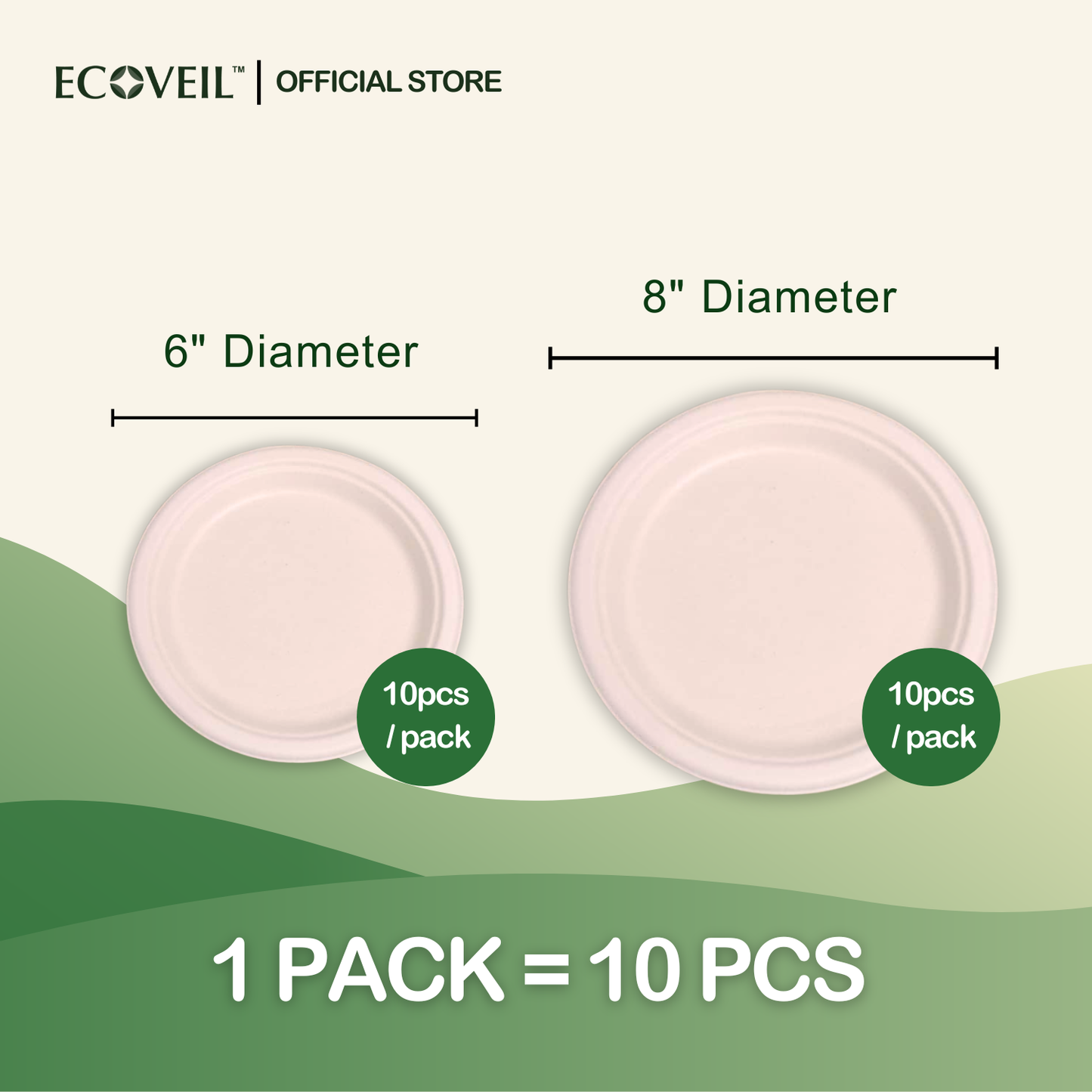ECOVEIL Biodegradable Bamboo Fiber Paper Plate 6-inch/ 8-inch 10pcs