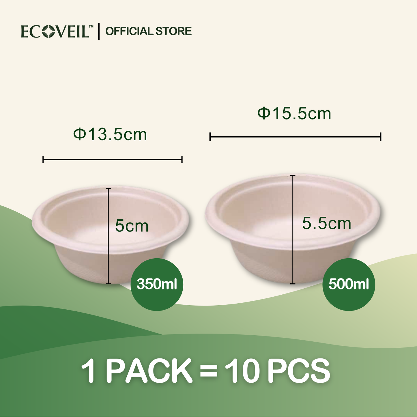 ECOVEIL Biodegradable Bamboo Fiber Paper Bowl 350ml/500ml 10pcs