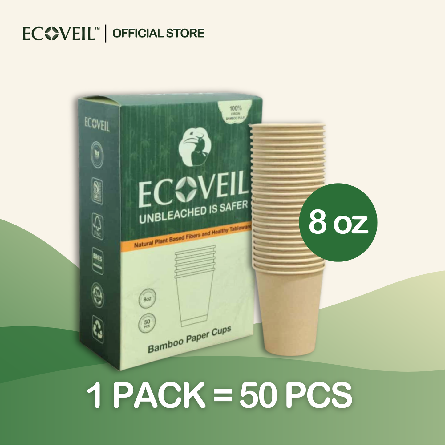 ECOVEIL Biodegradable Bamboo Fiber Paper Cup 8oz 50pcs