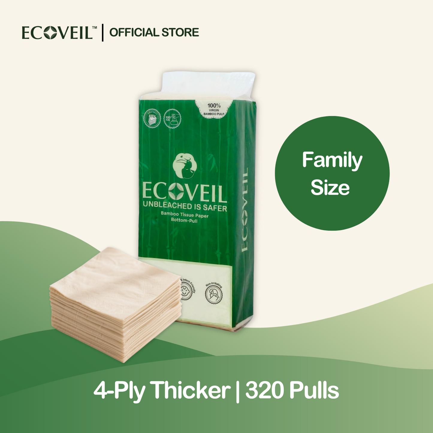 [Coming Soon] ECOVEIL Unbleached Bamboo Tissue Paper Bottom-Pull 4-ply 320s