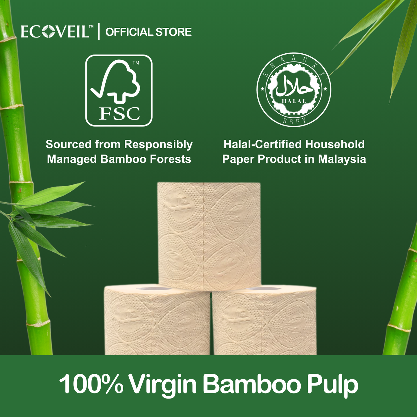ECOVEIL Unbleached Bamboo Toilet Paper Roll 3-Ply (10x230s)