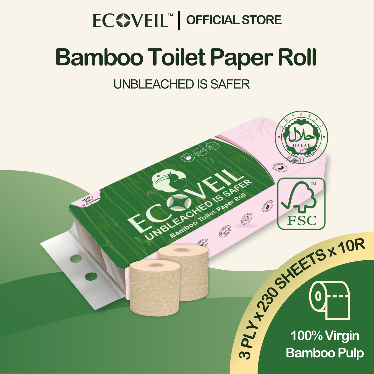 ECOVEIL Unbleached Bamboo Toilet Paper Roll 3-Ply (10x230s)