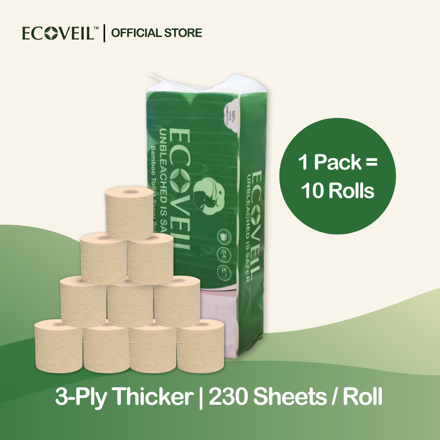 ECOVEIL Unbleached Bamboo Toilet Paper Roll 3-Ply (10x230s)